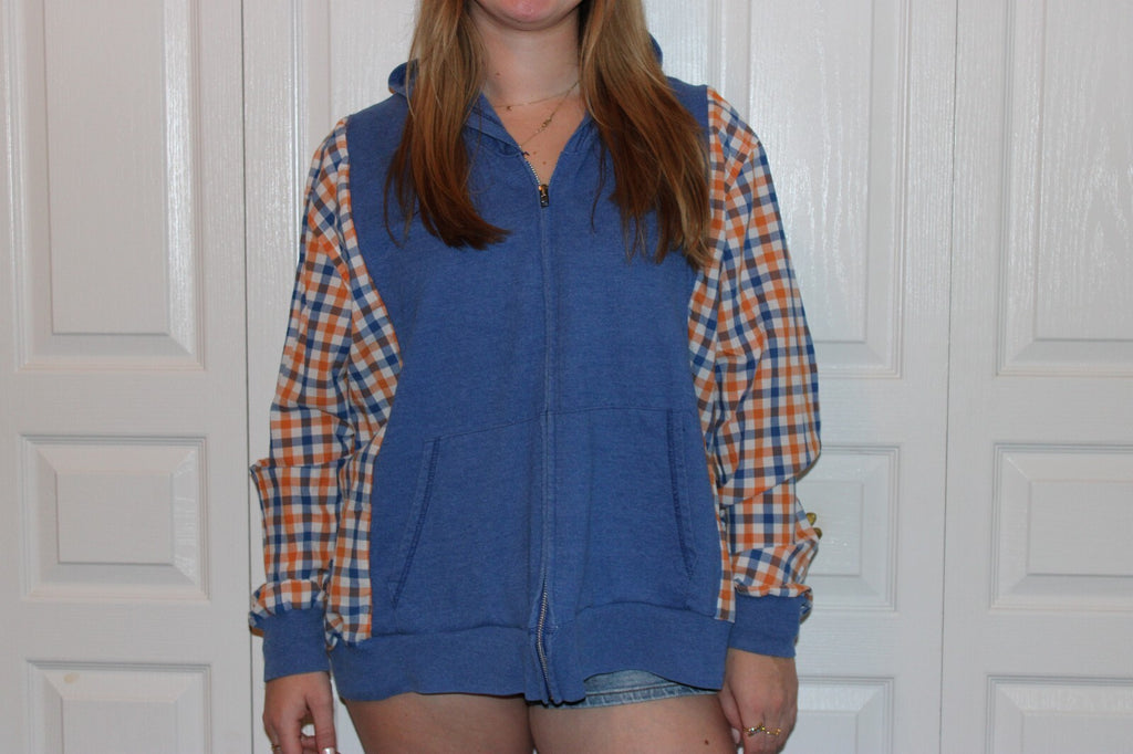 Upcycled Blue Hoodie with Orange Plaid Sleeves and Mr. Owl from Tootsie Roll Lollipops
