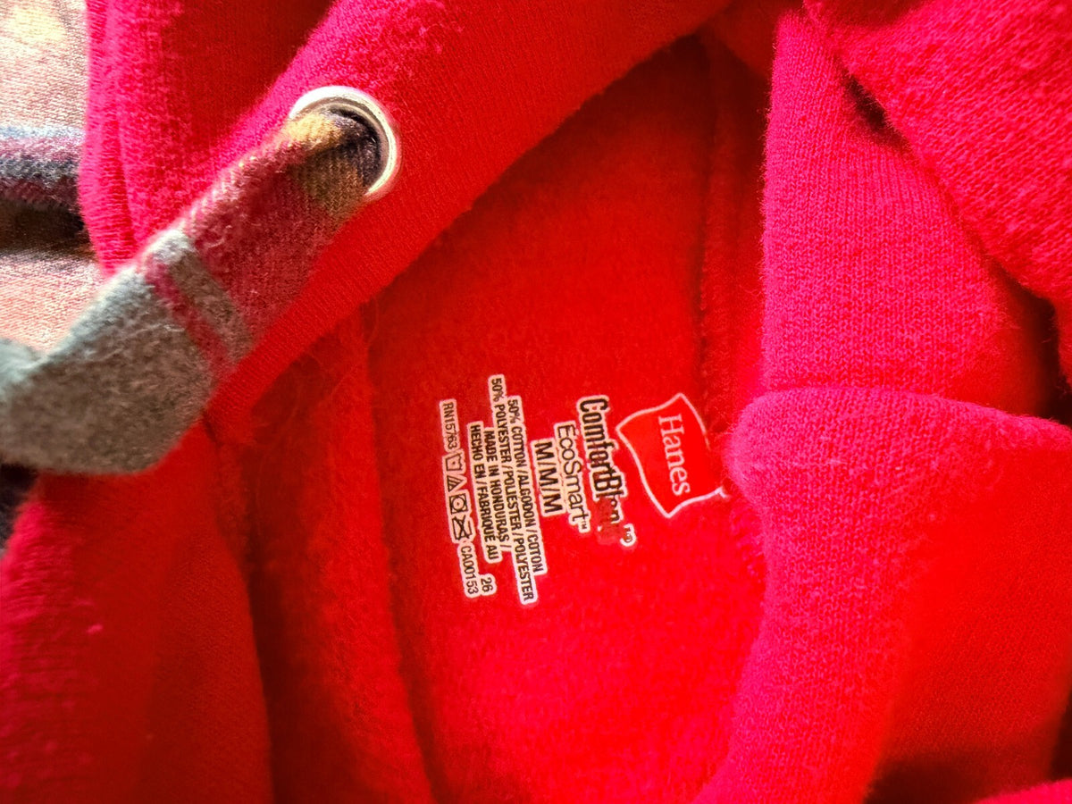 Red Hoodie with Chucky Graphic and Plaid Sleeves, Medium