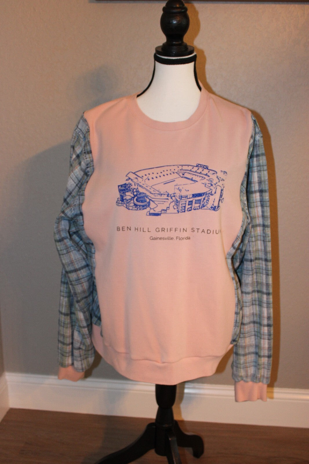 Vintage Ben Hill Griffin Stadium Sweatshirt with Plaid Sleeves, Size Large