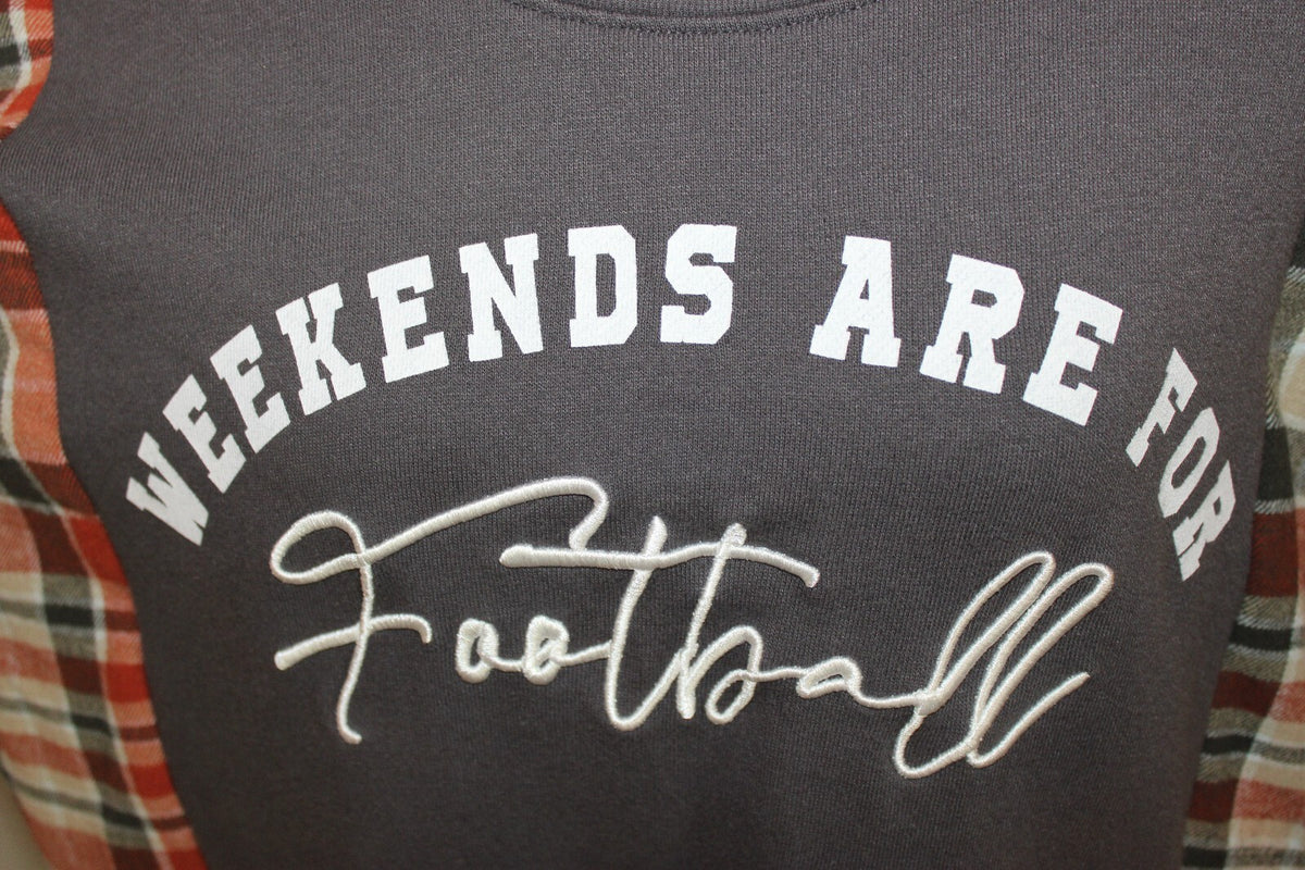 Women's Casual Sweatshirt with Plaid Sleeves and 'Weekends Are For Football' Graphic