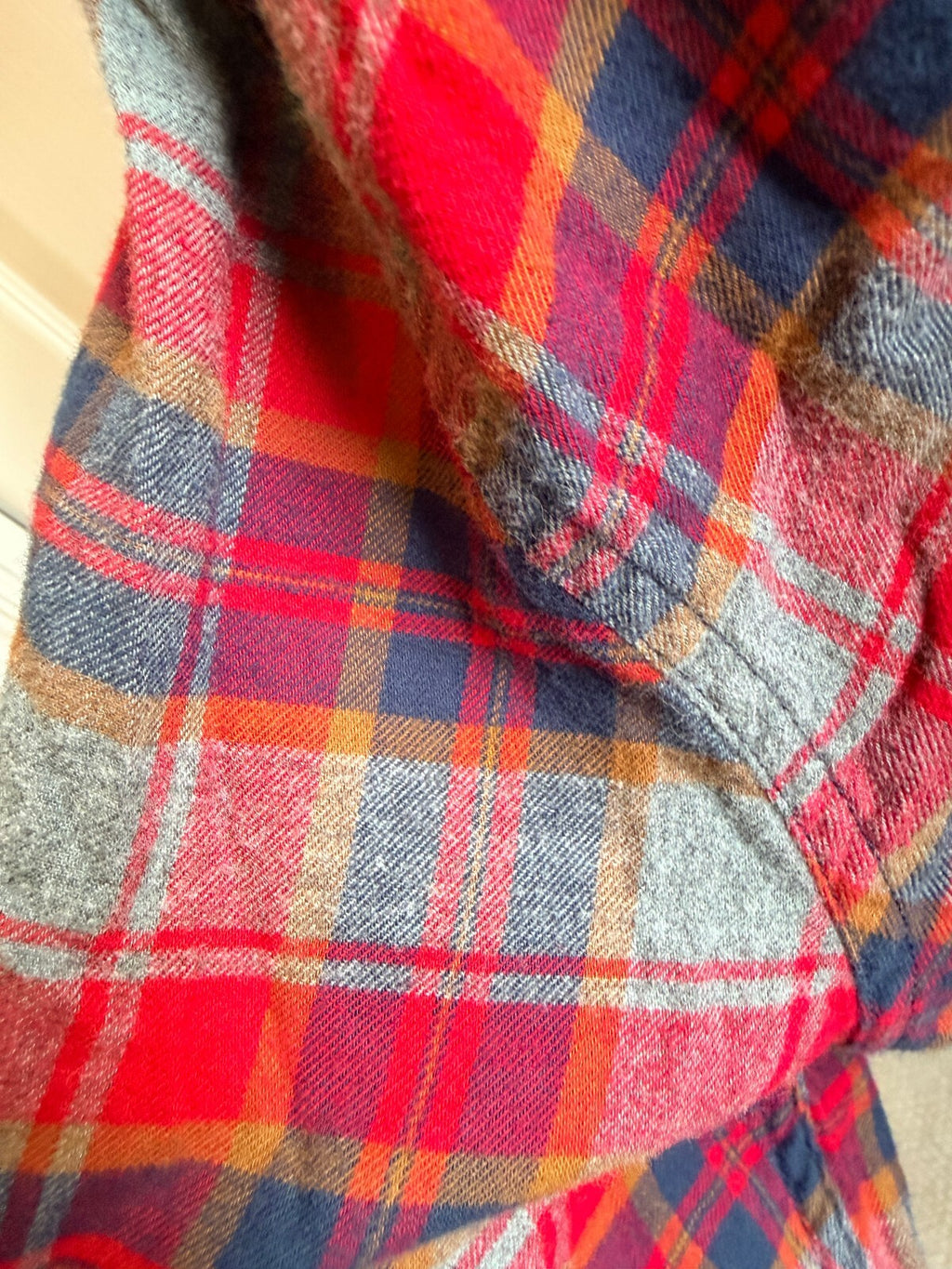 Red Hoodie with Chucky Graphic and Plaid Sleeves, Medium