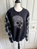 Black Sweatshirt with Plaid Sleeves and Skull Graphic Design size large