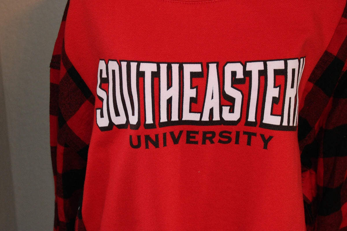 Southeastern University Red and Black Plaid Sleeve Sweatshirt Size Large