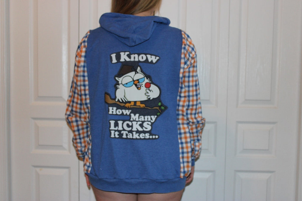 Upcycled Blue Hoodie with Orange Plaid Sleeves and Mr. Owl from Tootsie Roll Lollipops