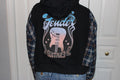REworked Fender Guitars Black Hoodie with Plaid Sleeves and Graphic on Back