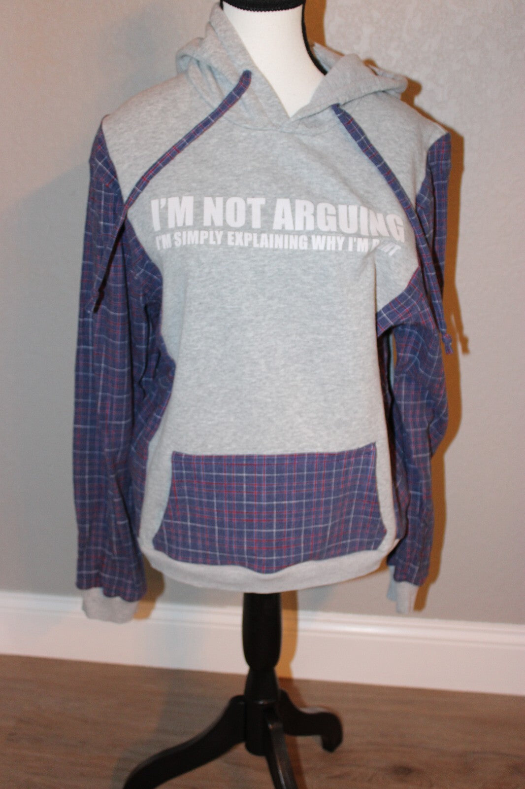 Women's Gray Hoodie with Blue and Red Plaid Sleeves and Pocket, oversized small