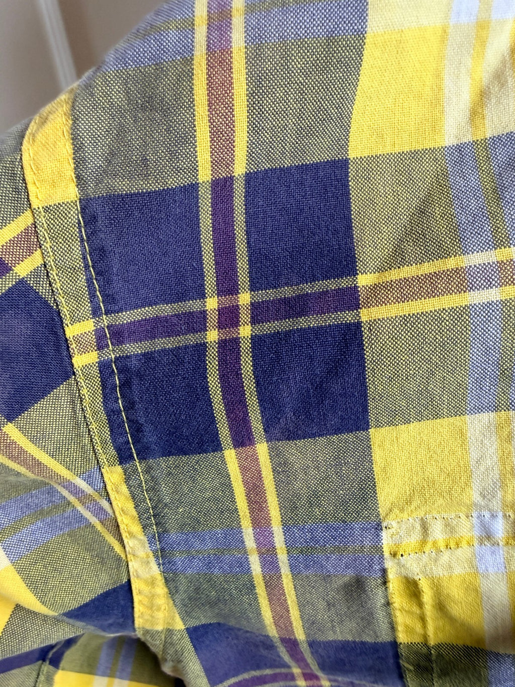 Purple and Yellow Loras College Hoodie with Plaid Sleeves, Size Medium