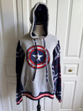 Captain America Themed Hoodie with Plaid Sleeves and Front Pocket, Size Medium