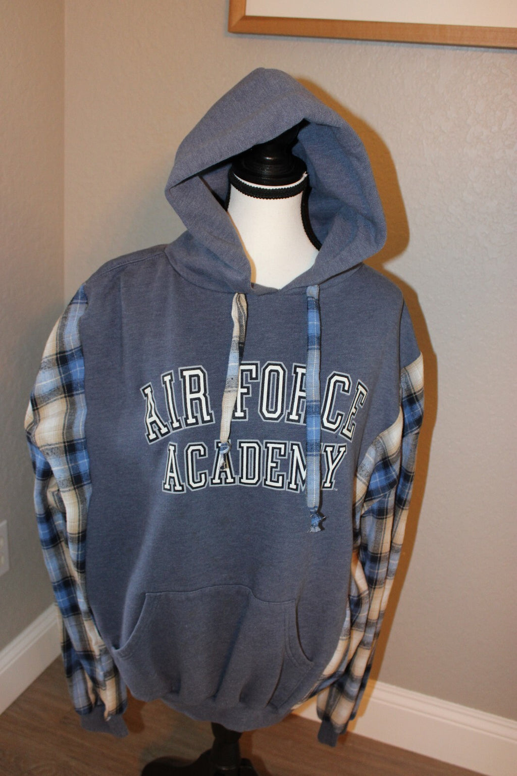 Air Force Academy Hoodie with Blue and Beige Plaid Sleeves, Size Large