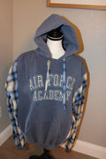 Air Force Academy Hoodie with Blue and Beige Plaid Sleeves, Size Large