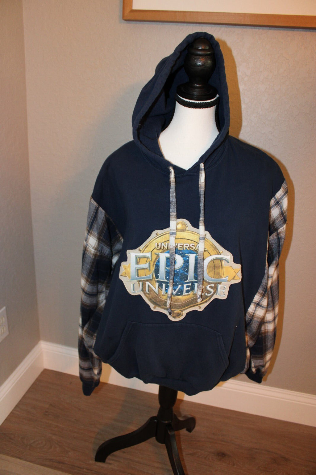 Universal Epic Universe Navy Blue Hoodie with Plaid Sleeves, Size Large