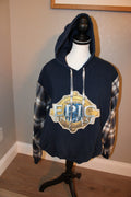 Universal Epic Universe Navy Blue Hoodie with Plaid Sleeves, Size Large