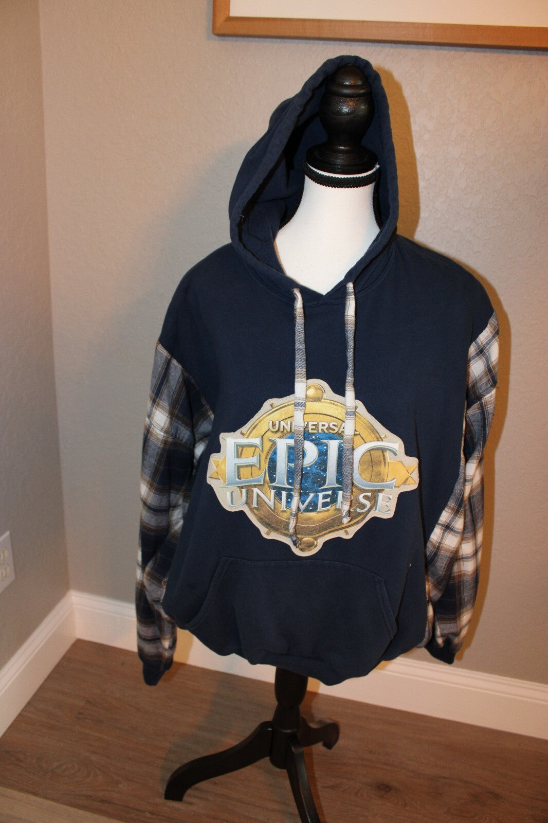Universal Epic Universe Navy Blue Hoodie with Plaid Sleeves, Size Large