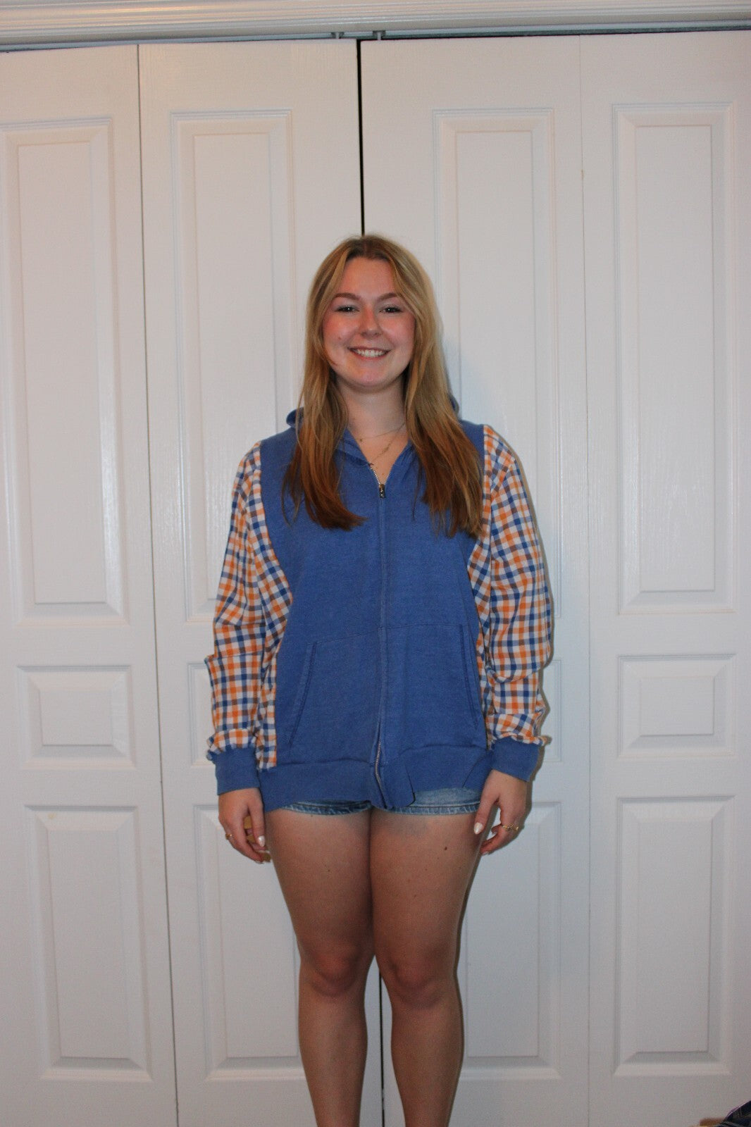 Women's Blue Zip-Up Hoodie with Plaid Sleeves & Cartoon Graphic Back, Oversized large