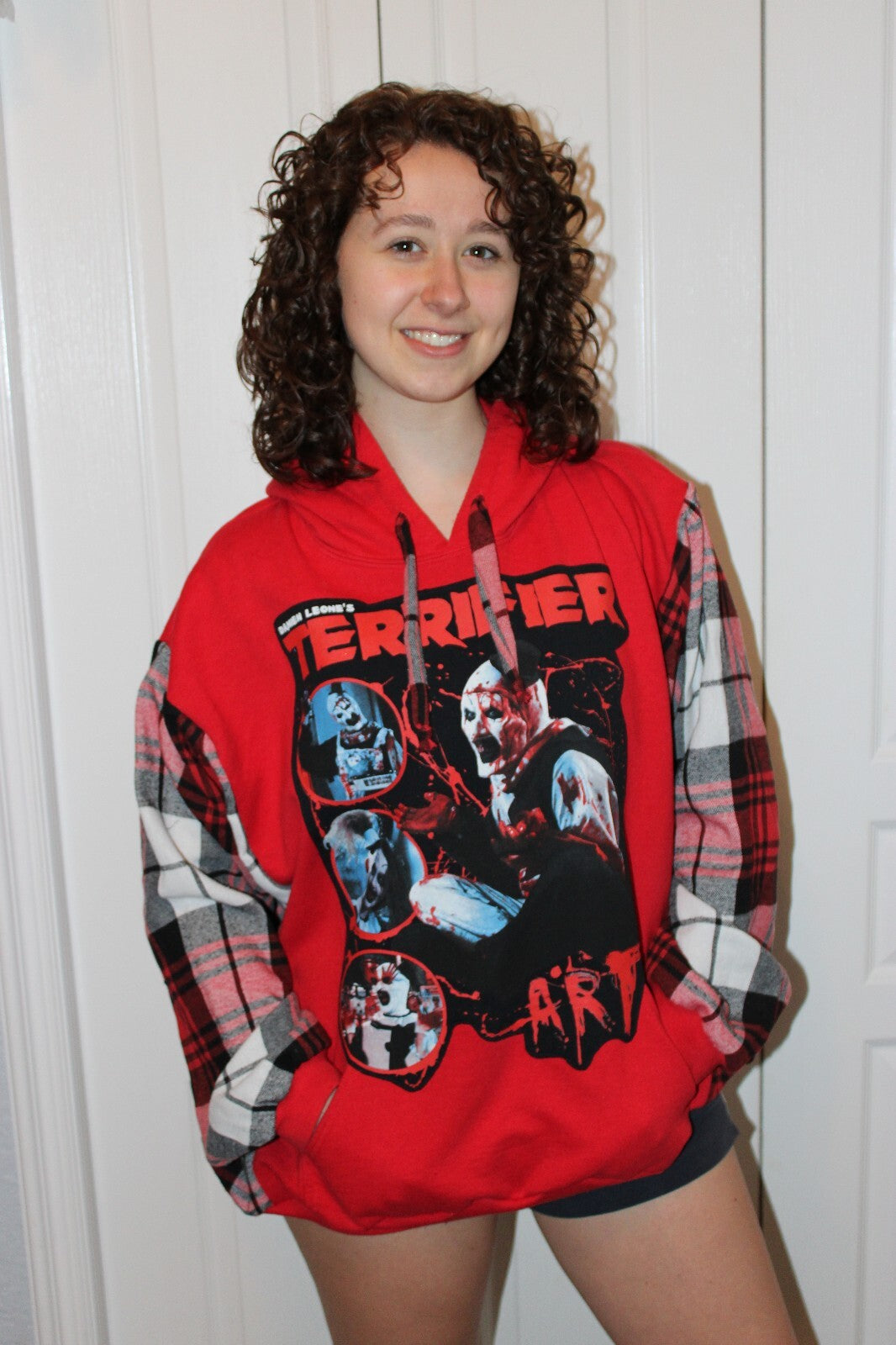 Red Terrifier Graphic Hoodie with Plaid Sleeves, Women's Medium/large
