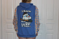 Women's Blue Zip-Up Hoodie with Plaid Sleeves & Cartoon Graphic Back, Oversized large