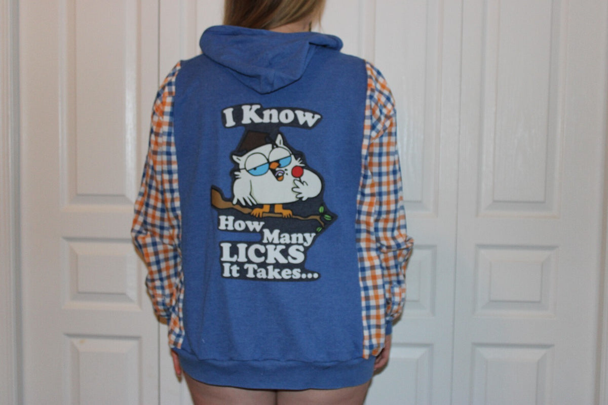 Women's Blue Zip-Up Hoodie with Plaid Sleeves & Cartoon Graphic Back, Oversized large