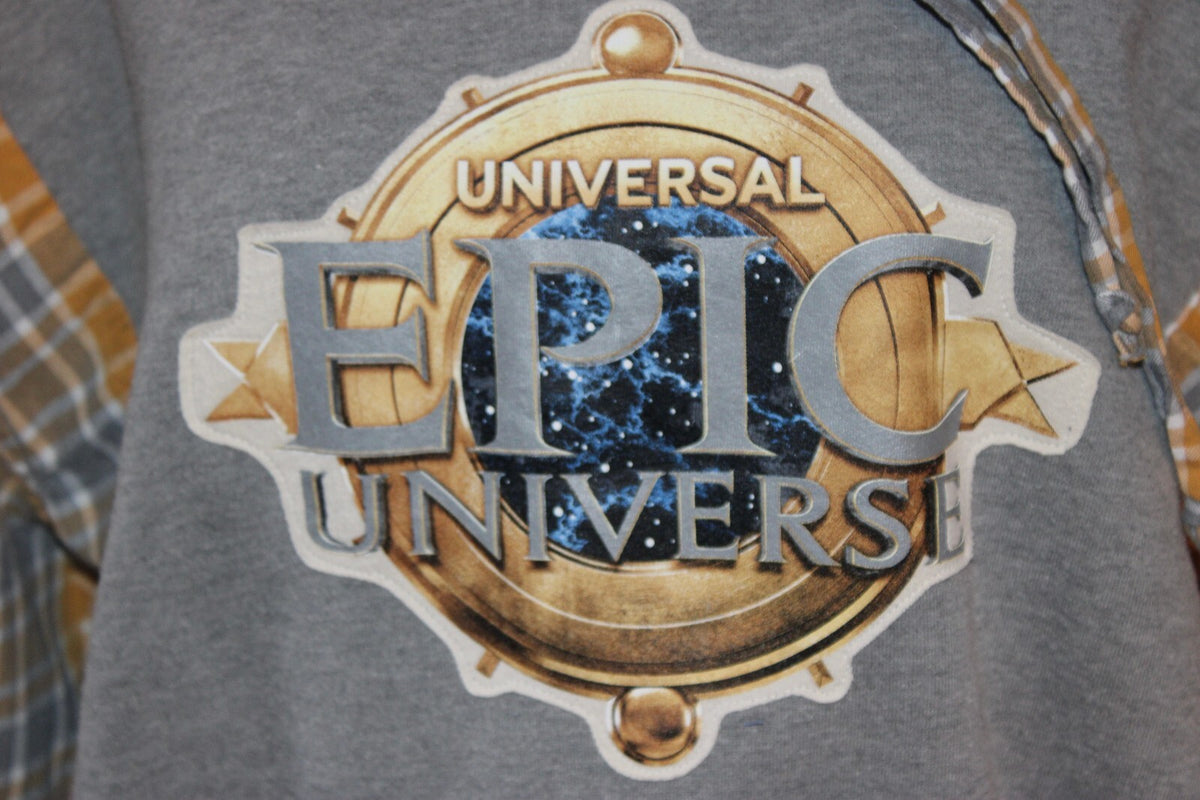 Universal Epic Universe Gray Hoodie with Yellow Plaid Sleeves and Front Pocket