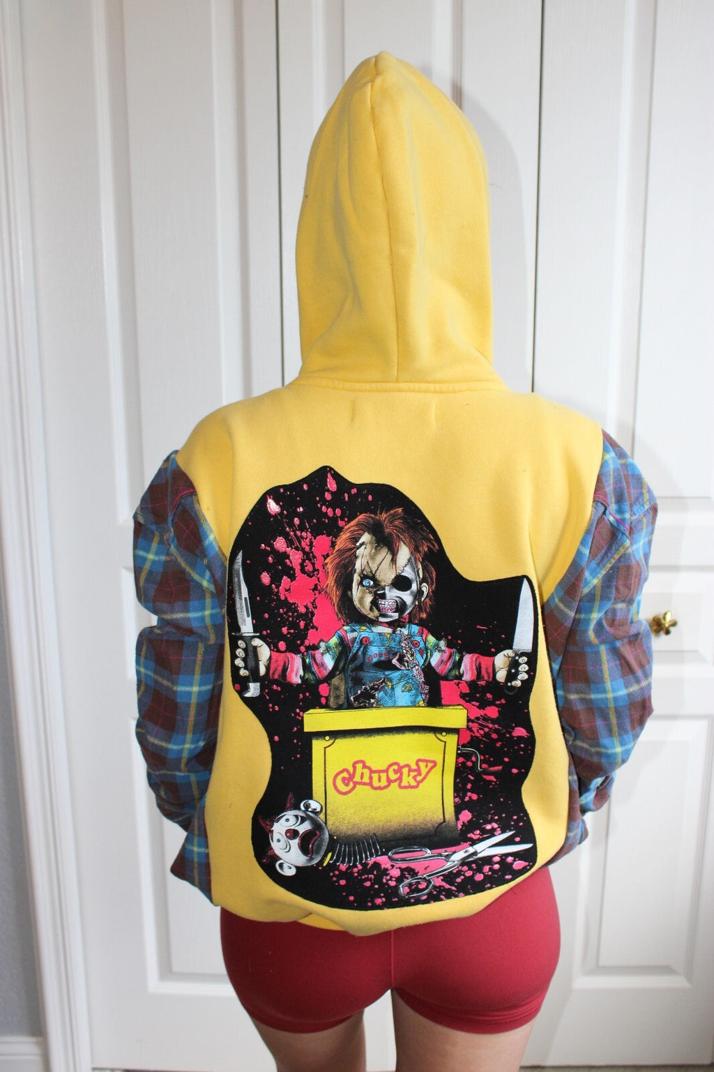 Yellow and Plaid Sleeve Hoodie with Chucky Graphic Design Medium