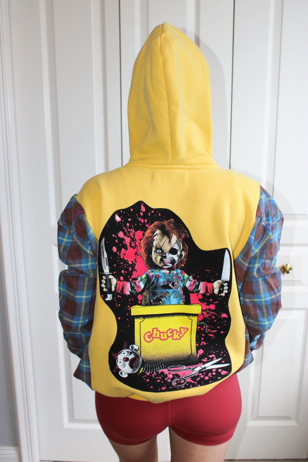 Yellow and Plaid Sleeve Hoodie with Chucky Graphic Design Medium