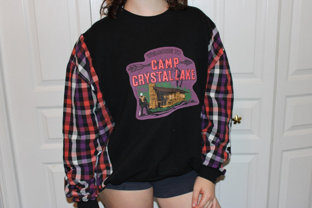 Vintage Friday the 13th Camp Crystal Lake Plaid Sleeve Sweatshirt