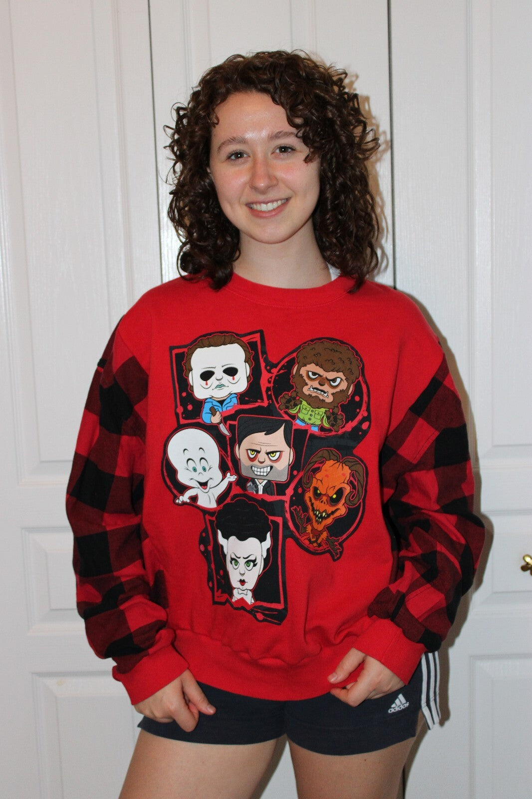 Red and Black Plaid Horror Character Graphic Sweatshirt Oversized Medium