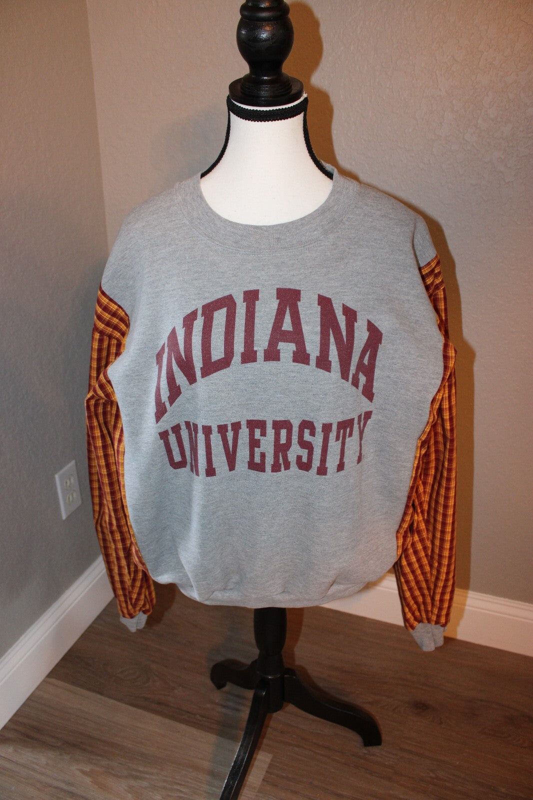 Indiana University Reworked Sweatshirt with Plaid Sleeve Accents, Size Oversized Medium