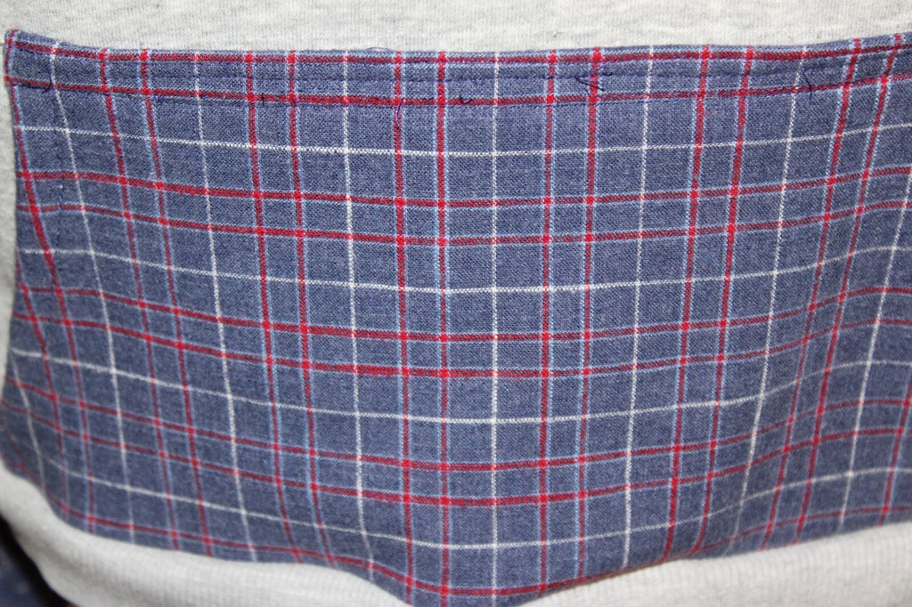 Women's Gray Hoodie with Blue and Red Plaid Sleeves and Pocket, oversized small