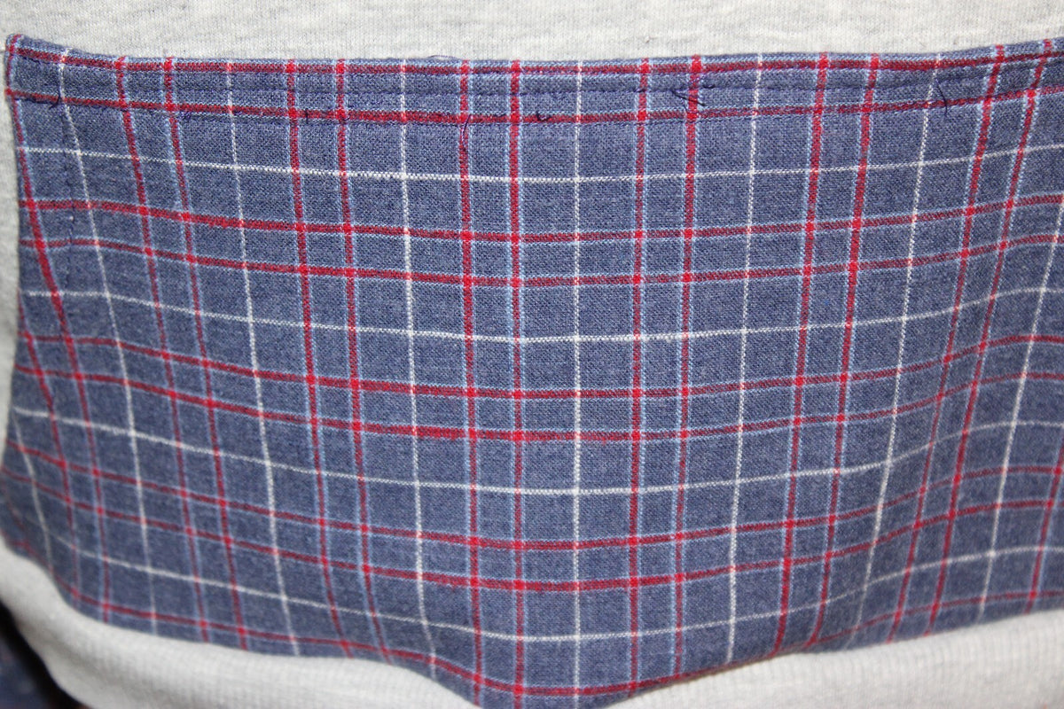 Women's Gray Hoodie with Blue and Red Plaid Sleeves and Pocket, oversized small