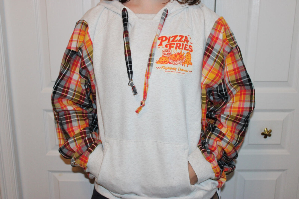 Pizza Fries Graphic Hoodie with Plaid Sleeves - Unique Casual Pullover