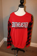 Southeastern University Red and Black Plaid Sleeve Sweatshirt Size Large