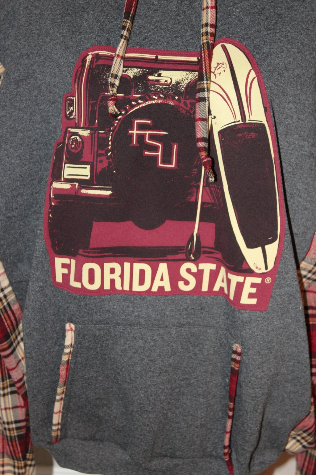 ReWorked Florida State University Hoodie with Plaid Sleeves and Graphic Print, Size XL