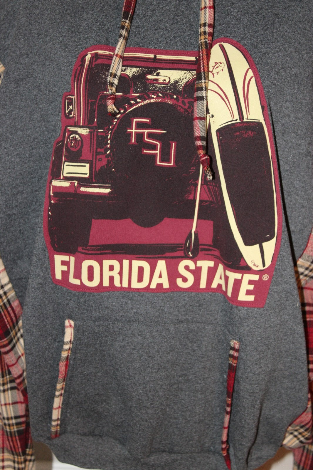 ReWorked Florida State University Hoodie with Plaid Sleeves and Graphic Print, Size XL