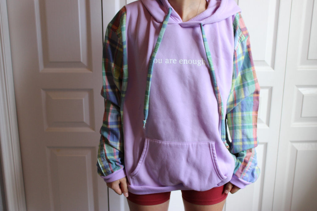 Purple Hoodie with Plaid Sleeves and Inspirational Text, Size Large