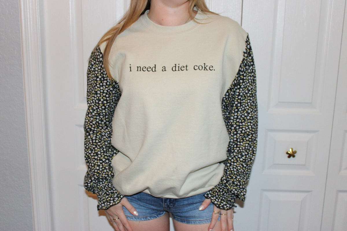 Women's Casual Beige Sweatshirt w/ Floral Print Sleeves & 'i need a diet coke.' embroidered