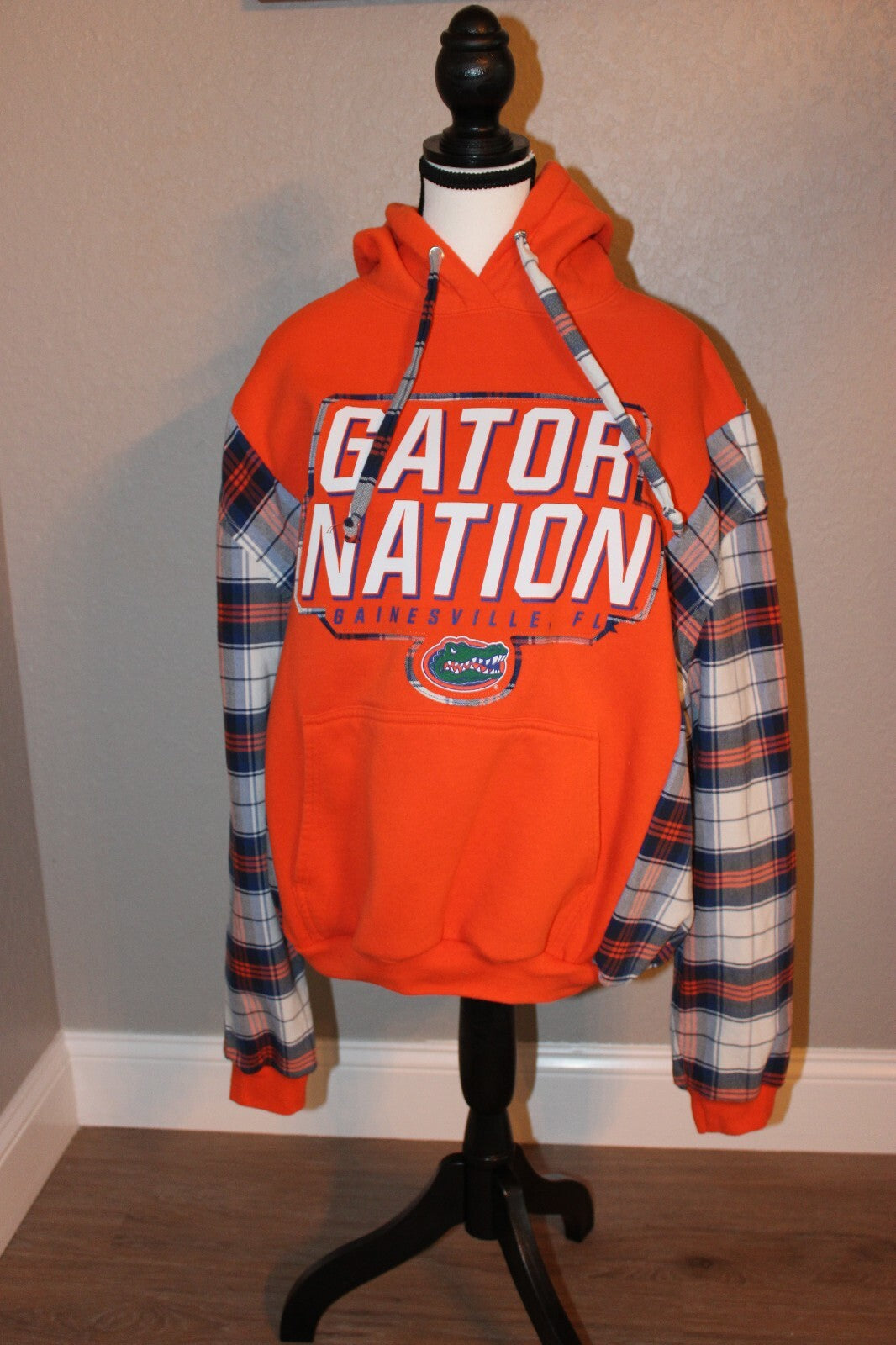 University of Florida Gator Nation Orange Hoodie with Plaid Sleeves Large