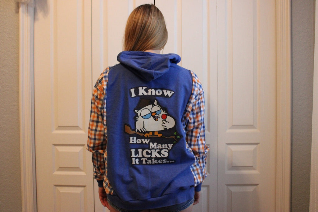 Upcycled Blue Hoodie with Orange Plaid Sleeves and Mr. Owl from Tootsie Roll Lollipops