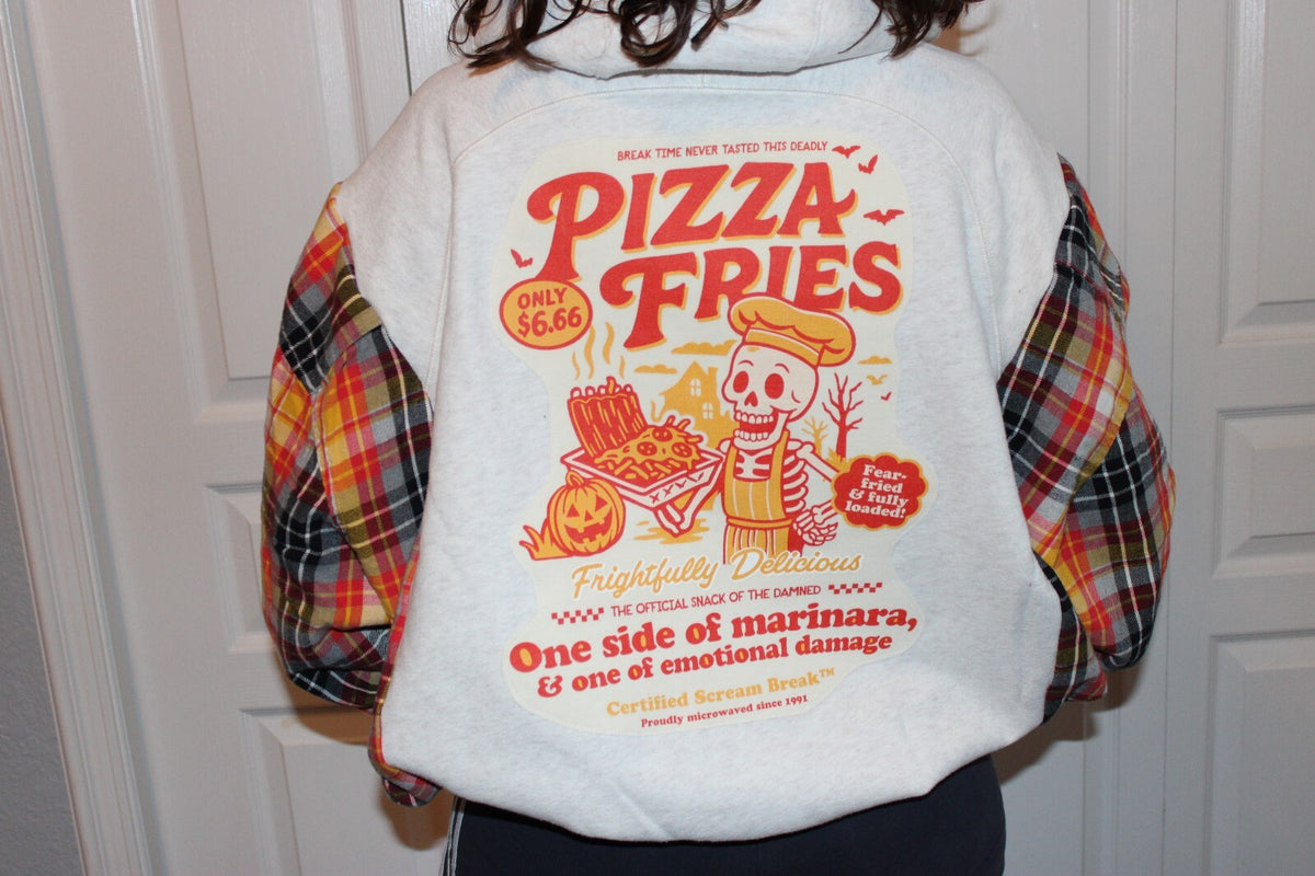 Pizza Fries Graphic Hoodie with Plaid Sleeves - Unique Casual Pullover