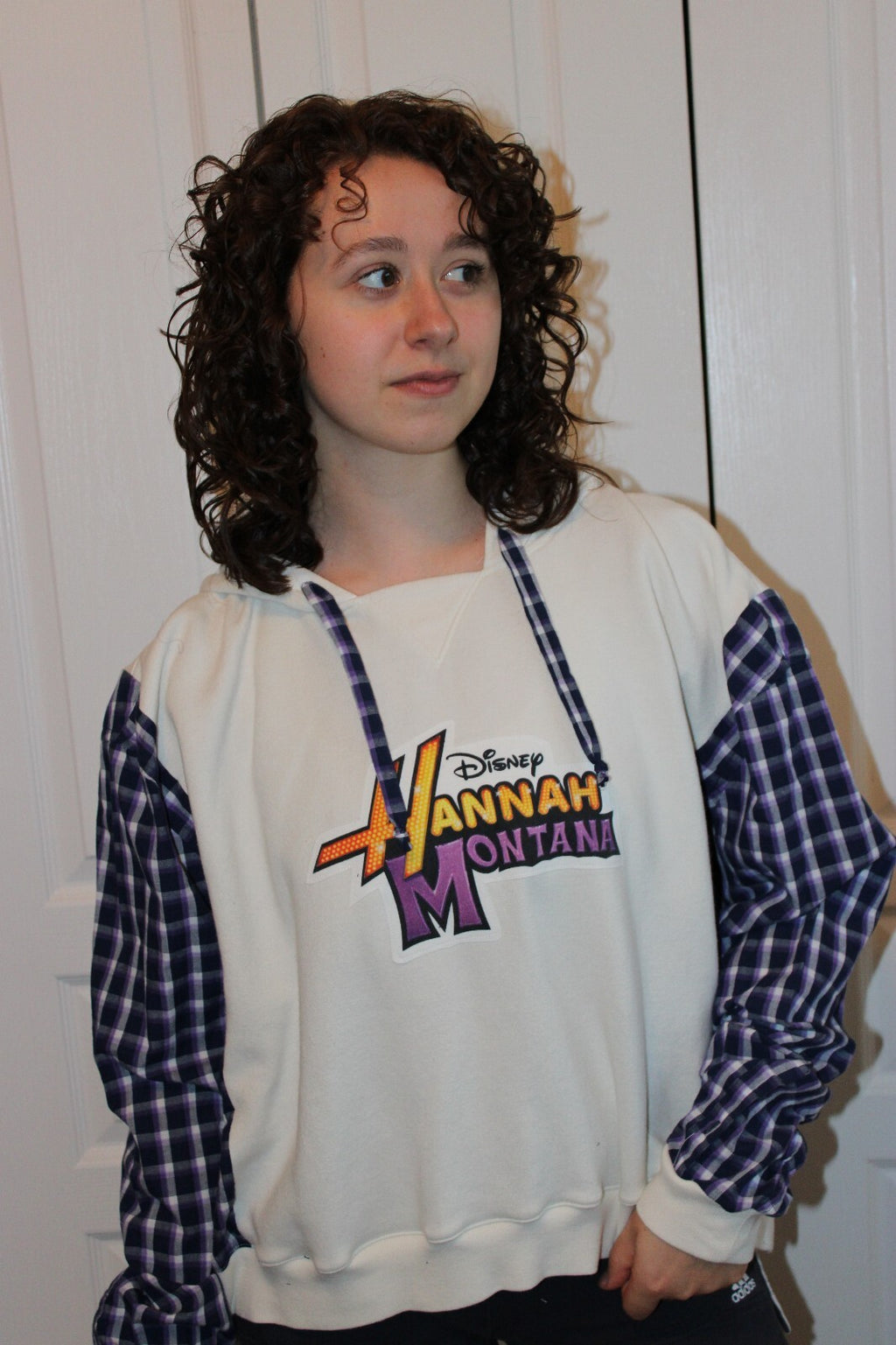 Reworked Disney Hannah Montana Pullover Hoodie with Plaid Sleeves