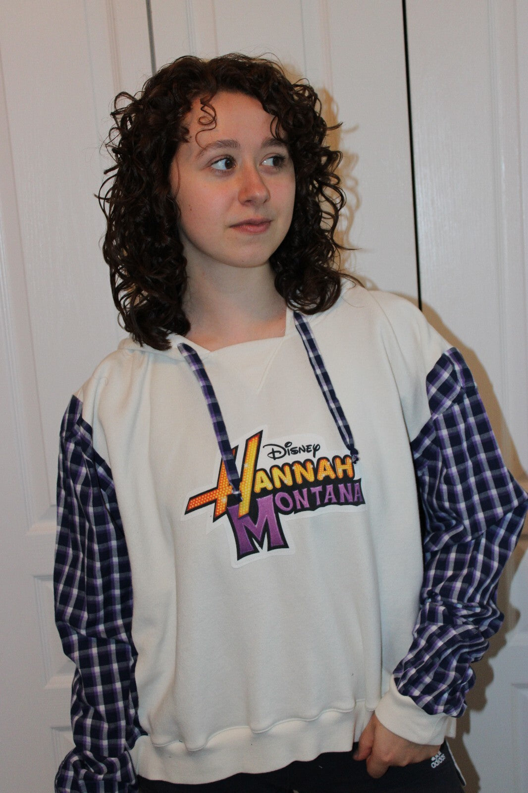 Reworked Disney Hannah Montana Pullover Hoodie with Plaid Sleeves