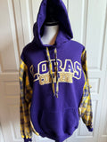 Purple and Yellow Loras College Hoodie with Plaid Sleeves, Size Medium