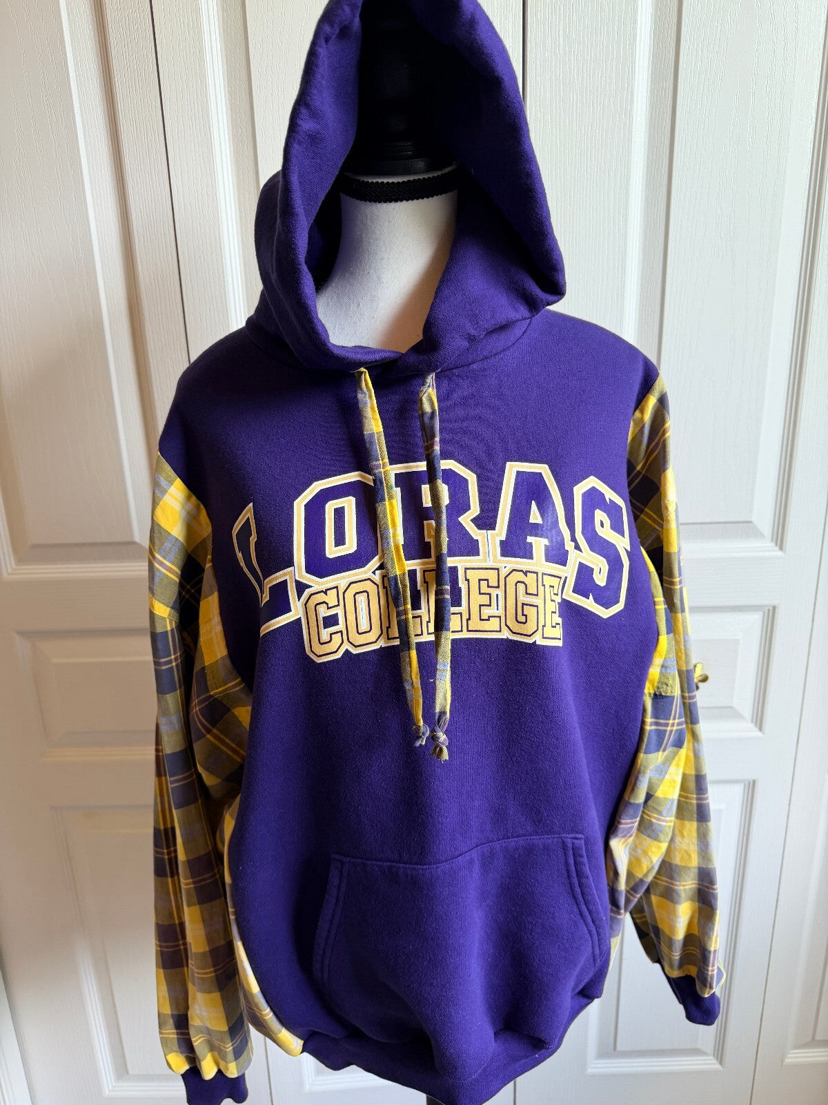 Purple and Yellow Loras College Hoodie with Plaid Sleeves, Size Medium