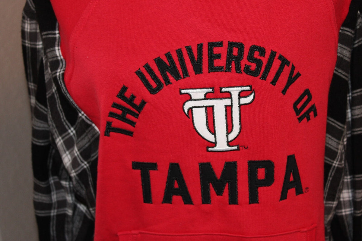 Small Red and Black University of Tampa Hoodie with Plaid Sleeves
