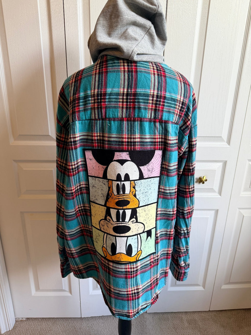 Disney Flannel Hooded Button Up Shirt with Mickey, Pluto, Goofy, and Donald Print