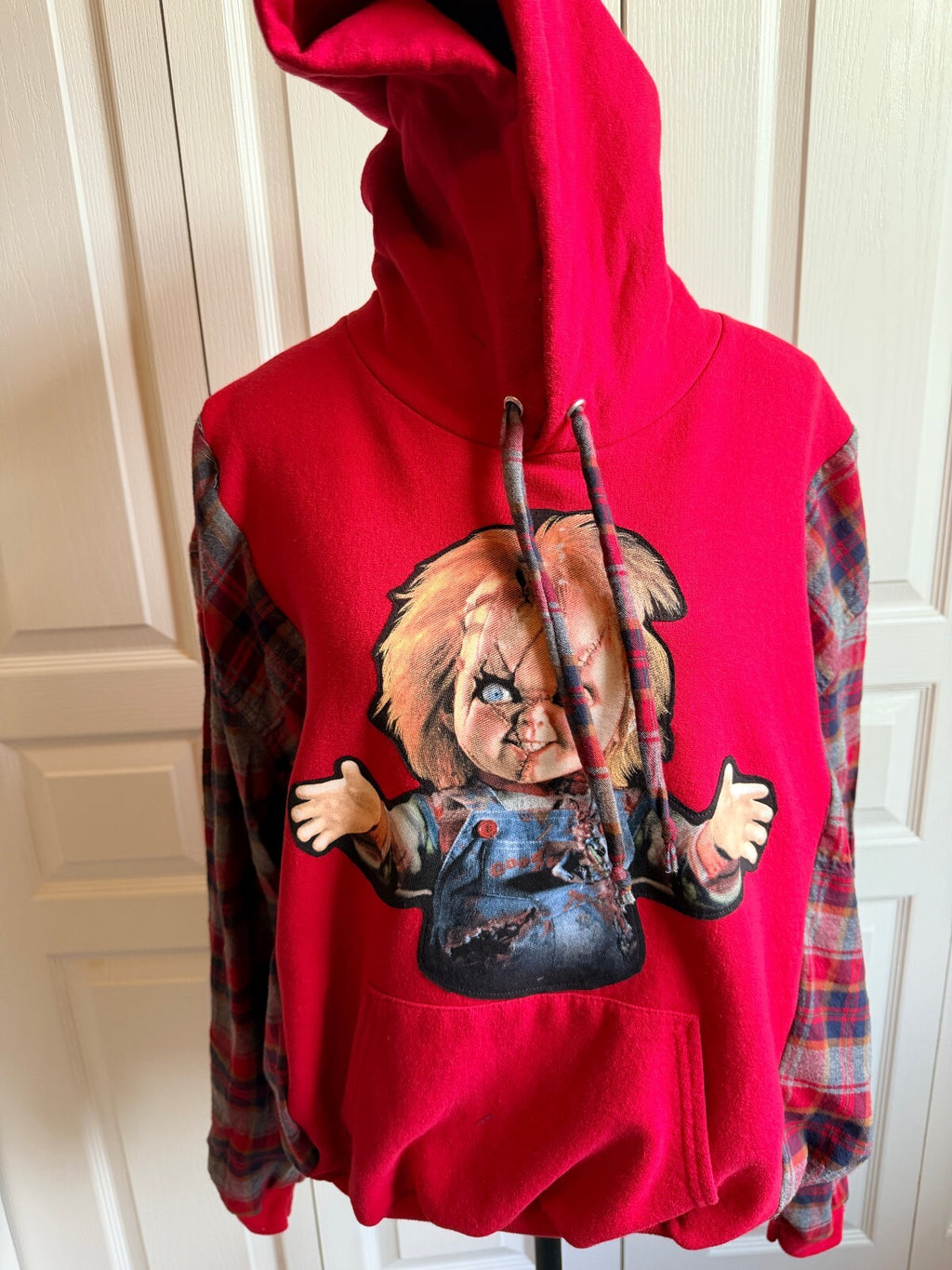 Red Hoodie with Chucky Graphic and Plaid Sleeves, Medium
