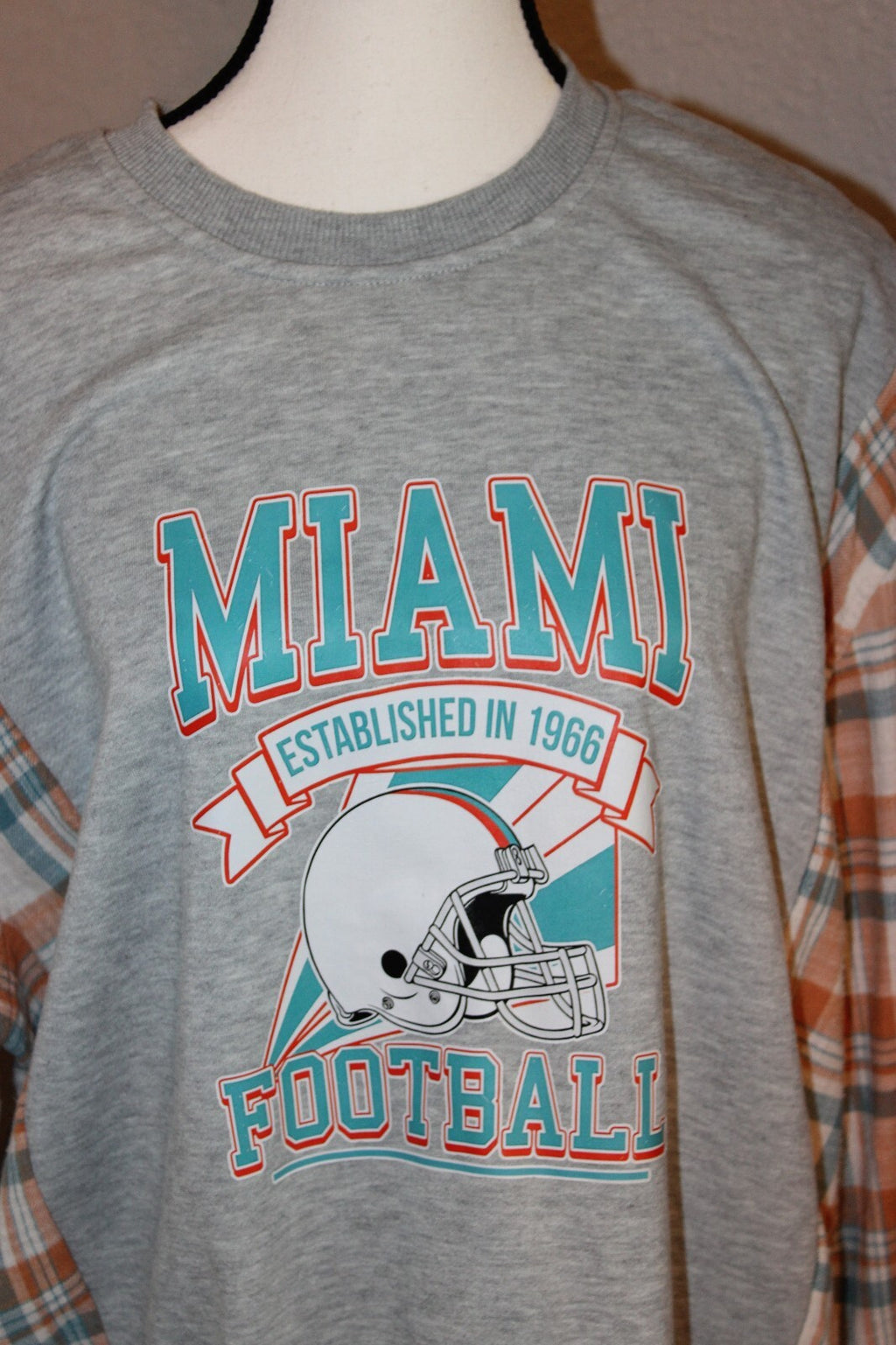 XL Miami Football Long Sleeve Sweatshirt with Plaid Sleeves, 100% Polyester