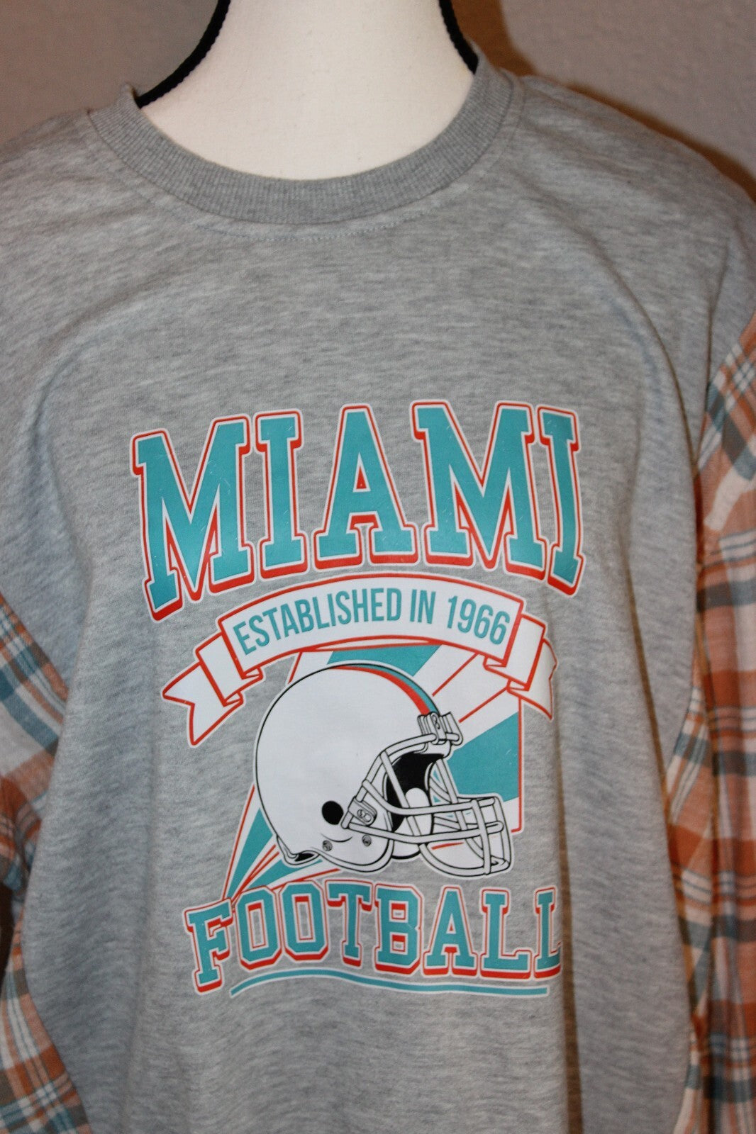 XL Miami Football Long Sleeve Sweatshirt with Plaid Sleeves, 100% Polyester