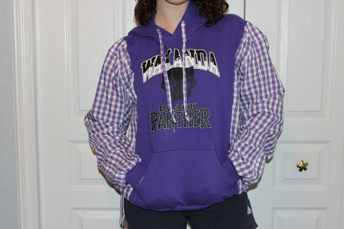 Purple Black Panther Wakanda Hoodie with Checkered Sleeves, Size Large