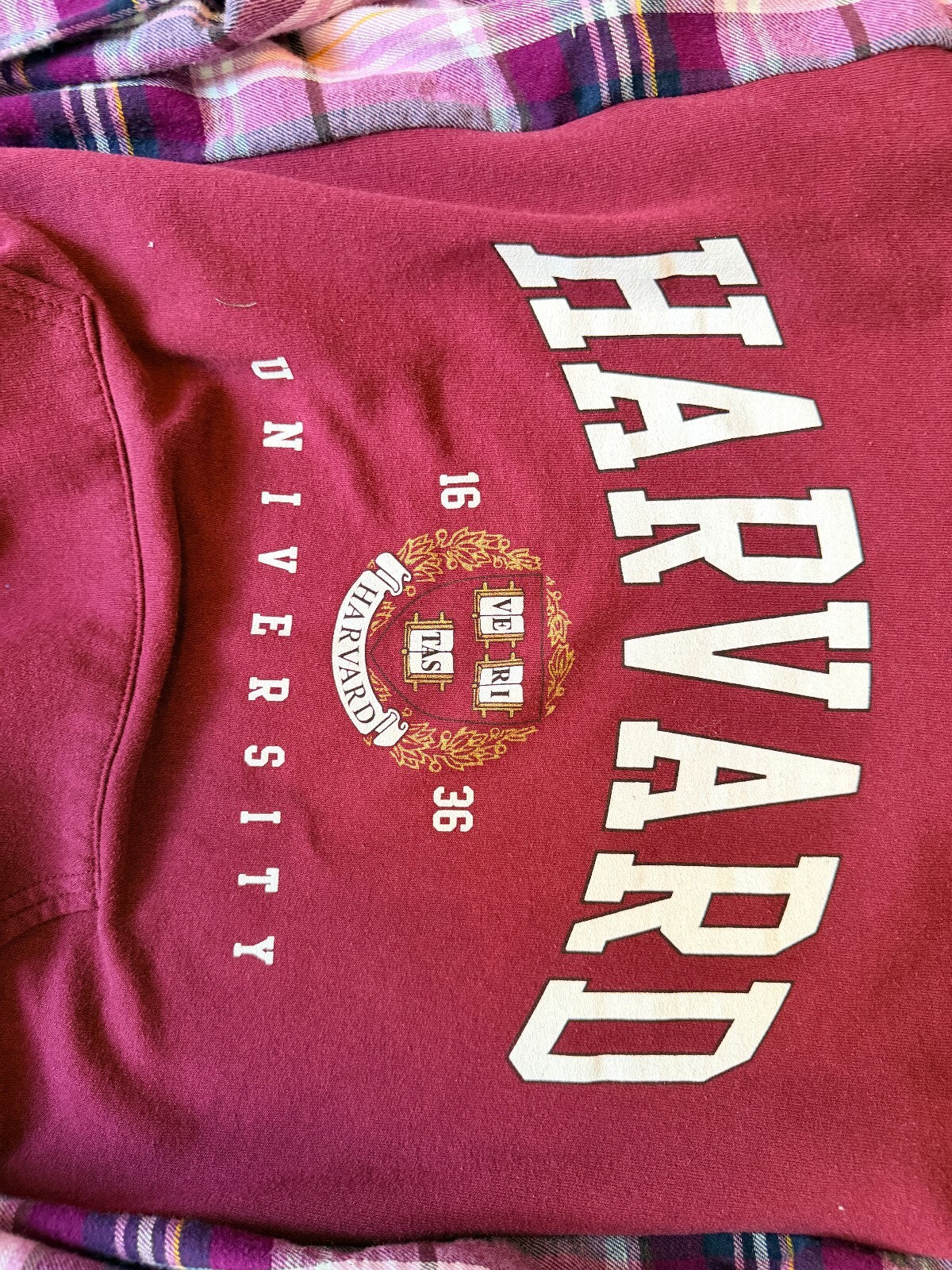 Harvard University Maroon Hoodie with Plaid Sleeves, Size Medium/large
