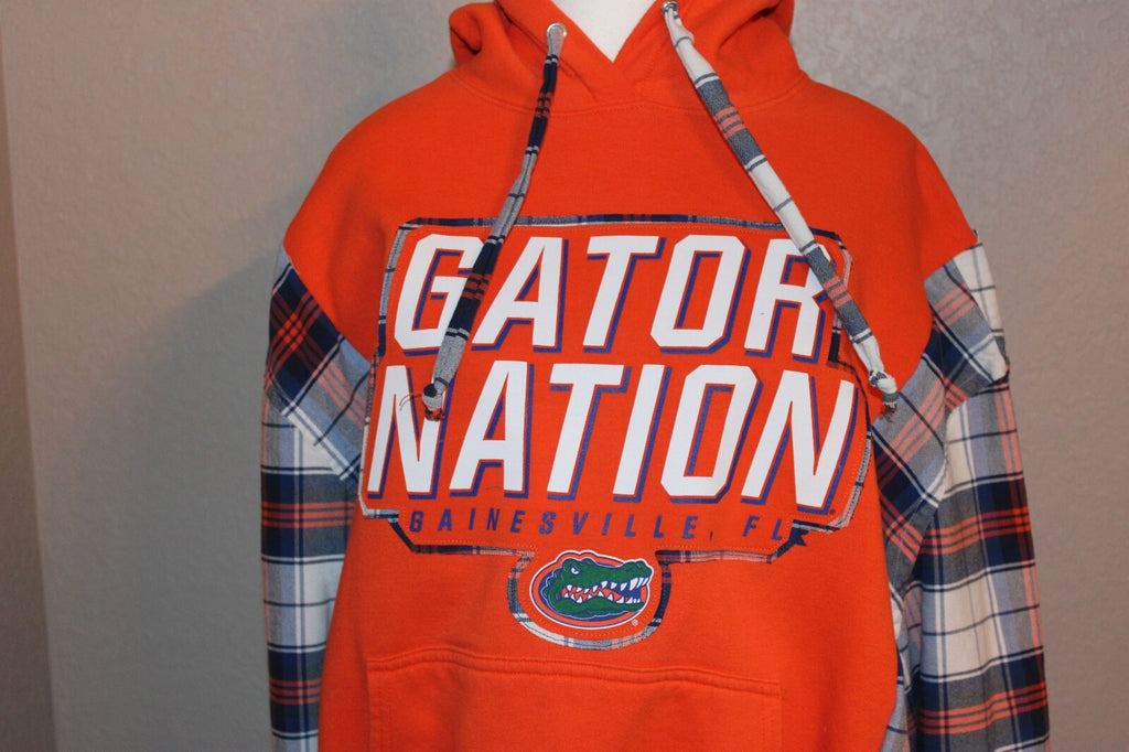 University of Florida Gator Nation Orange Hoodie with Plaid Sleeves Large